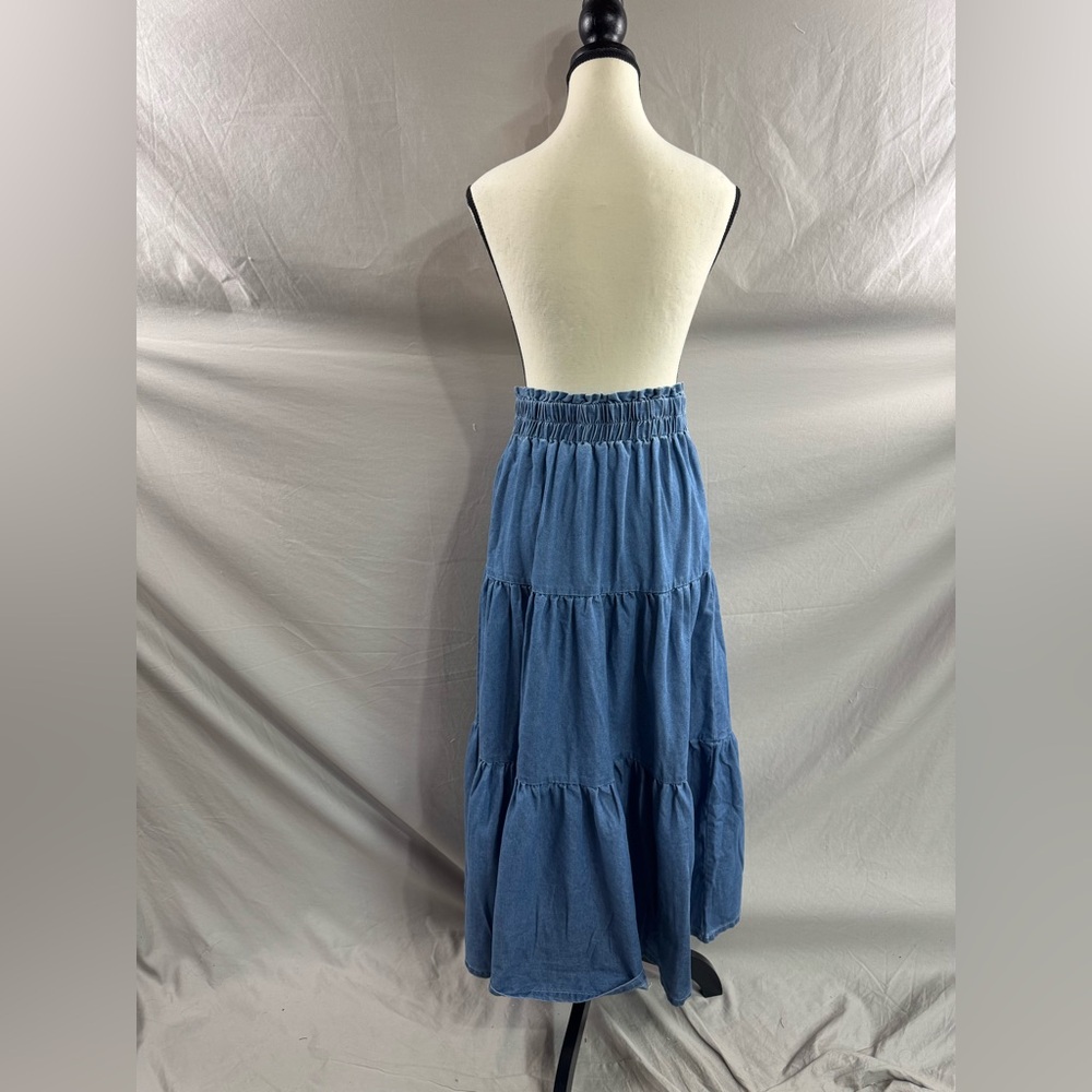 Boho Ruffle Hem Shirred Waist Denim Midi Skirt - Picture 9 of 9
